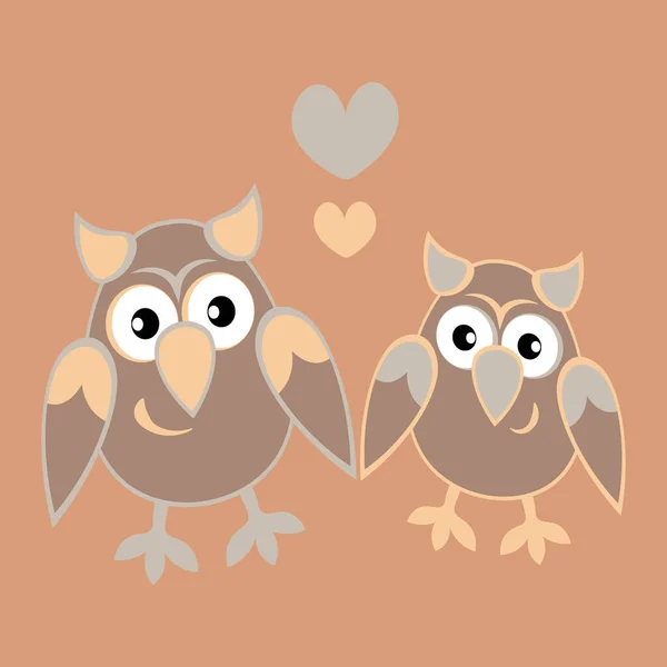 一个正方形背景上的说明 两只猫头鹰爱上了心脏 卡通鸟 Pastiche 孩子们在画画书籍 笔记本 明信片 内饰的设计元素 — 图库矢量图片