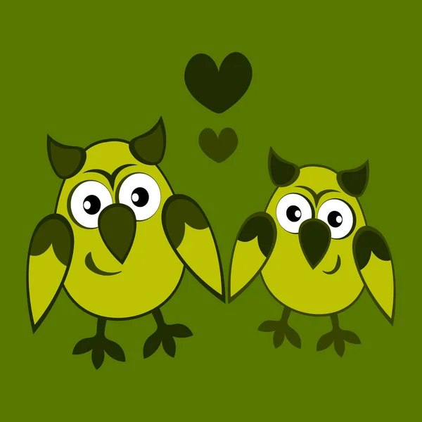 Ilustrace Čtvercovém Pozadí Dvě Sovy Zamilované Srdcí Kreslený Ptáci Pastiche — Stockový vektor