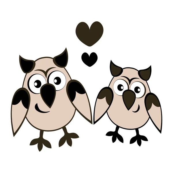 Ilustrace Čtvercovém Pozadí Dvě Sovy Zamilované Srdcí Kreslený Ptáci Pastiche — Stockový vektor