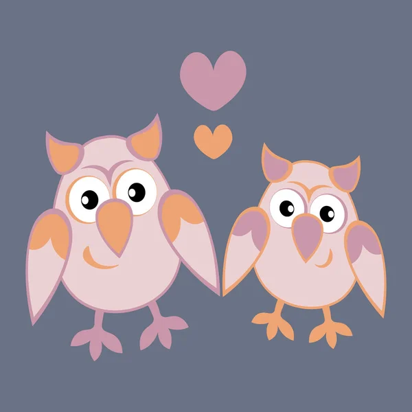 Illustration Square Background Two Owls Love Hearts Cartoon Birds Pastiche — Stock Vector