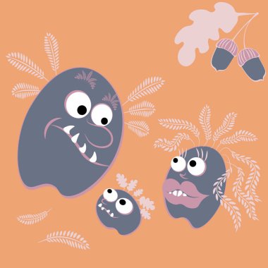 Illustration on a square background - fairy-tale characters - living stones with eyes overgrown with grass. Family conversation. Genetics. Design element of books, notebooks, postcards, interior items. Wallpapers, textiles, packaging, background for 