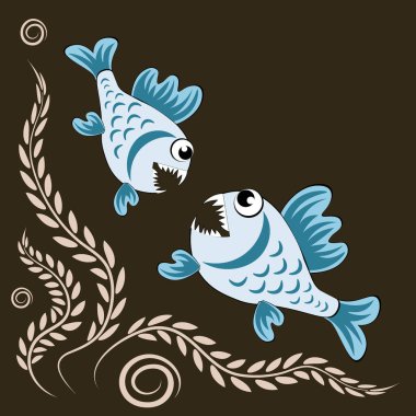 Kare arkaplandaki illüstrasyon, yırtıcı kötü bir pirana balığıdır. Muhteşem sualtı dünyası. Şekil, çizgi film tarzı. Kitapların, defterlerin, kartpostalların, iç malzemelerin dizayn unsurları. Duvar kağıtları, tekstil, ambalaj, web sitesi geçmişi, mafya