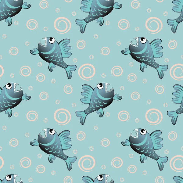 Kare arka plandaki kusursuz desen yırtıcı kötü piranha balığıdır. Muhteşem sualtı dünyası. Şekil, çizgi film tarzı. Kitapların, defterlerin, kartpostalların, iç malzemelerin dizayn unsurları. Duvar kağıtları, tekstil, ambalaj, web sitesi geçmişi, mafya