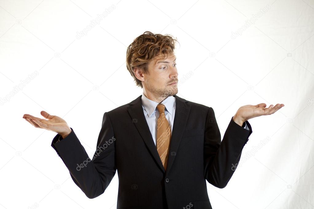 Businessman showing off two ideas