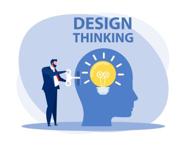 Elinde anahtar tutan işadamı yeni bir fikir veya tasarım düşünme konsepti çizer.