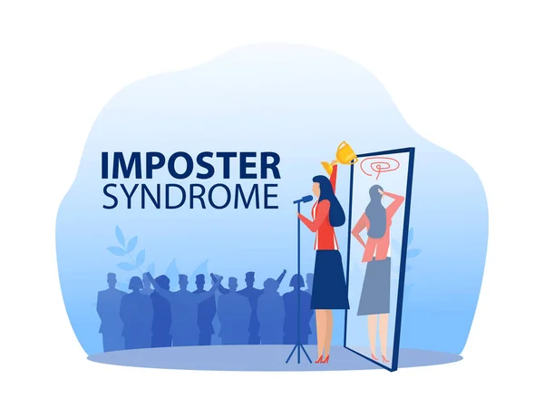 Imposter Syndrome ゲット賞と彼女の現在のプロファイルのために立っている女性 不安と仕事への自信の欠如 人の偽物は誰か他の概念です — ストックベクタ