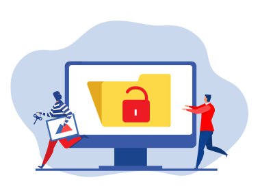 Korsan dizüstü bilgisayardan yaratıcı sanat çalıyor, telif hakkı ihlali, korsanlık kavramı web sitesi tasarımı düz vektör illüstrasyonu.