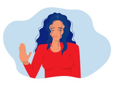 Üzgün kadın dur işareti gösteriyor, aile içi şiddeti durdurun, kadınlara karşı şiddeti durdurun, uluslararası kadın günü temsilciliği