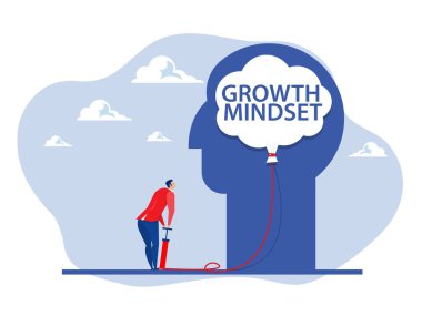 Bir iş adamı balon beyin işaretini insan vektör çiziminin düz tasarımına pompalıyor.