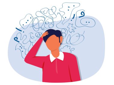 Erkek, saplantılı düşüncelerden, baş ağrısından, çözülmemiş sorunlardan, psikolojik travmadan, depresyondan muzdariptir. Zihinsel stres panik zihin düzensizliği düz vektör çizimi.