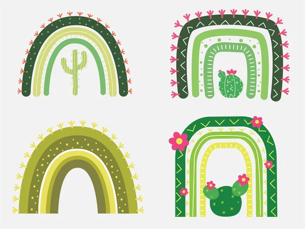Grüner Kaktus Regenbogen Mit Blumenmotiv Vektor Illustrator — Stockvektor