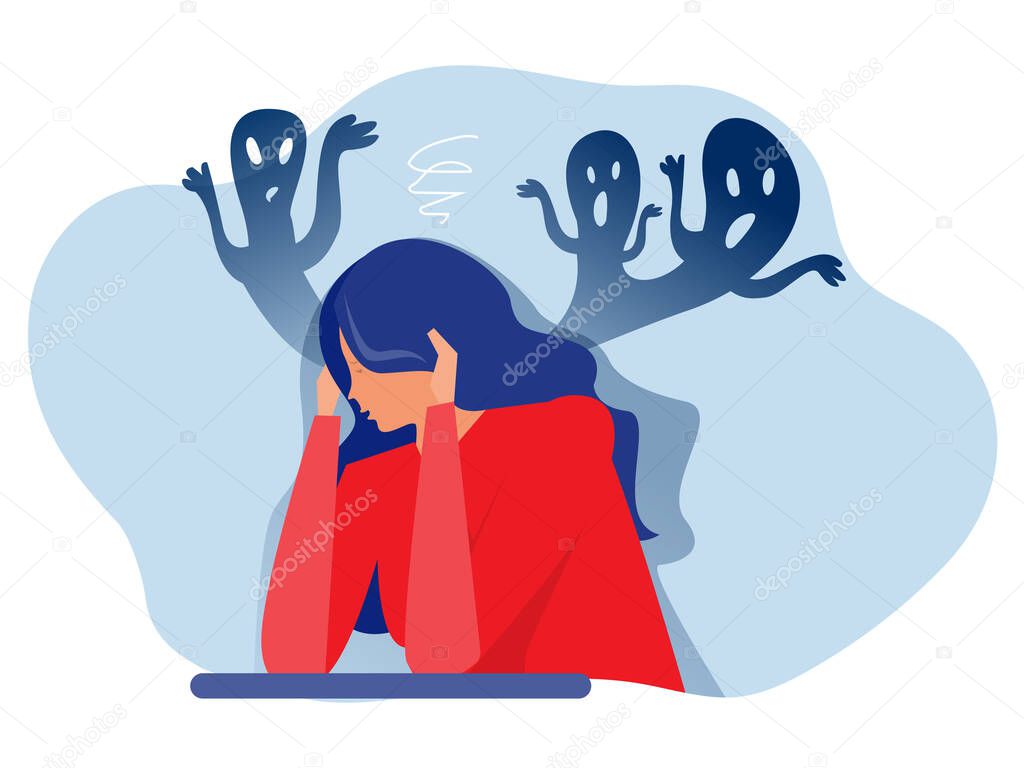 Depressed girl with anxiety and scary fantasies feeling sorrow; fears; sadness vector illustration