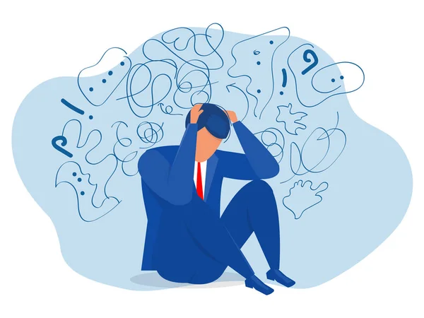 Erkek, saplantılı düşüncelerden, baş ağrısından, çözülmemiş sorunlardan, psikolojik travmadan, depresyondan muzdariptir. Zihinsel stres panik zihin düzensizliği düz vektör çizimi.