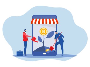 İş adamı bir para ağacını bitcoinlerle suluyor. Dizüstü bilgisayarda yatırım sektörü, kripto para birimi ve altın bitcoin çiftliği. 