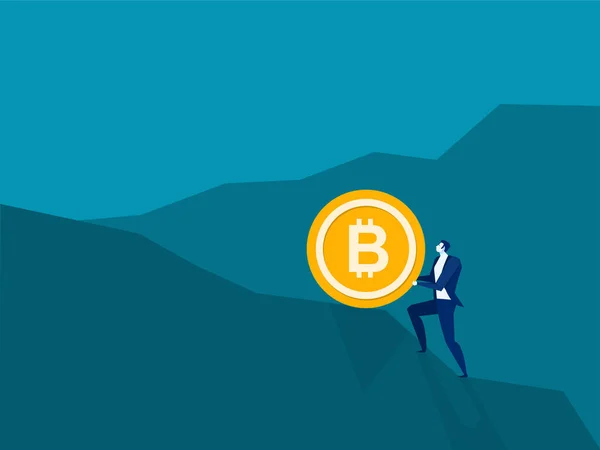 Επιχειρηματίας Ωθήσει Bitcoin Ανηφόρα Ανάπτυξη Εισόδημα Αποταμιεύσεις Επενδύσεις Σύμβολο Του — Διανυσματικό Αρχείο