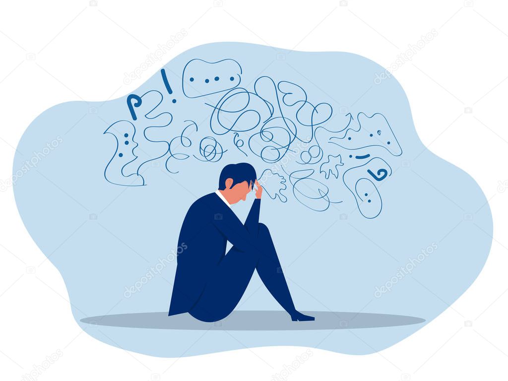 businessman suffers from obsessive thoughts; headache; unresolved issues; psychological trauma; depression.Mental stress panic mind disorder illustration Flat vector illustration.