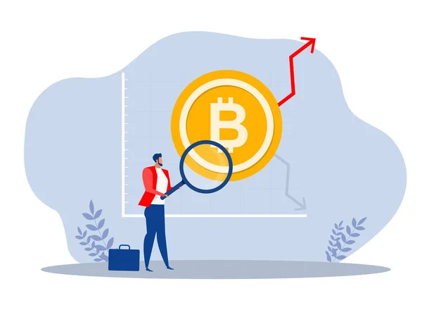 Investisseur Homme Affaires Regarder Haut Monter Les Flèches Symbole Bitcoin — Image vectorielle