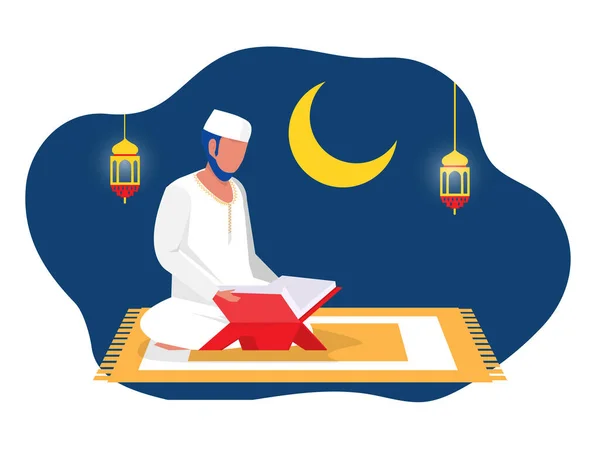 Ramadan Noc Muzułmaninem Człowiek Czytanie Koran Święty Księga Islamu Płaski — Wektor stockowy