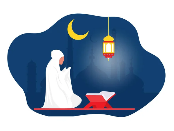 Ramadán Éjszaka Muszlim Női Karakter Térden Imádkozni Kérve Isten Segítségét — Stock Vector