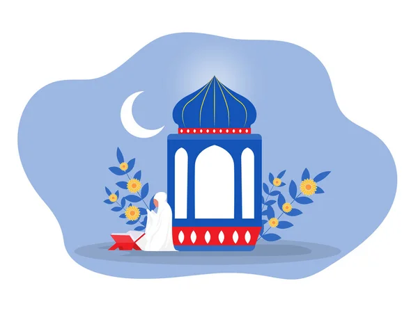 Рамадан Ніч Мусульманкою Читання Аль Коран Священна Книга Ісламського Плаского — стоковий вектор