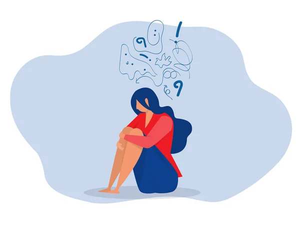 Kadın takıntılı düşüncelerden, baş ağrısından, çözülmemiş sorunlardan, psikolojik travmadan, depresyondan muzdarip. Zihinsel stres panik zihin bozukluğu düz vektör çizimi.