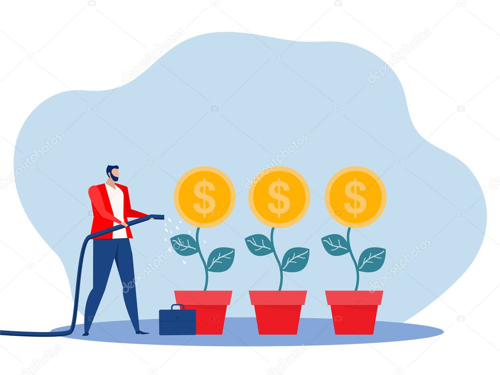 Businessman hand watering money tree business growth  investment profit flat vector illustration.