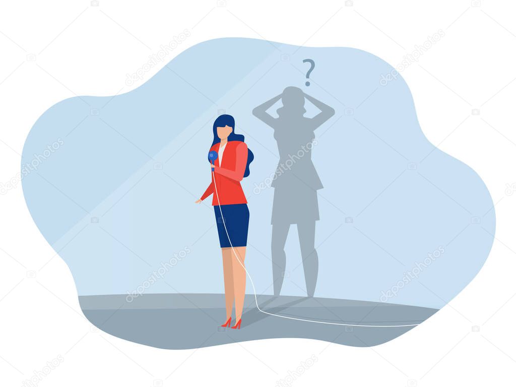 imposter syndrome, presenter woman with shadow himself for Anxiety and lack of self confidence at work vector