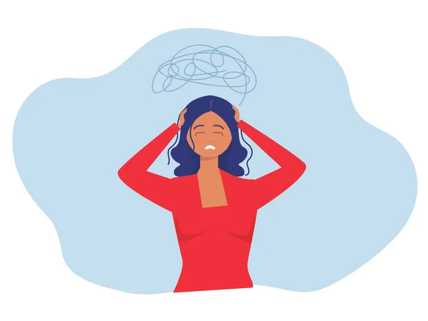 Woman Holds Her Head Her Hands Experiencing Headache Stress Depression — Stock Vector