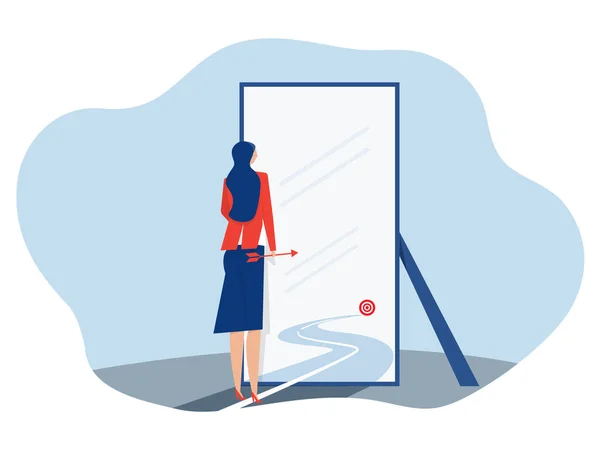 Femme Debout Devant Miroir Objectif Regarder Comme Illustrateur Vectoriel Concept — Image vectorielle