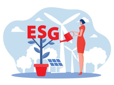 Kadın bitkileri ESG büyük kelime ya da ekoloji problemi vektör çizelgesi ile suluyor