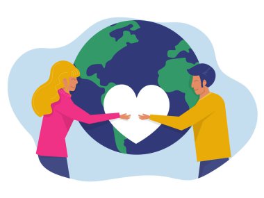 Dünya Günü yeşil eko enerjisi, Dünya 'yı Dünya Günü ile kucaklayan genç bayan ve çocuk ve Dünya gezegeninin korunma, korunma ve doğal kaynakların makul tüketimi kavramını koruyun..