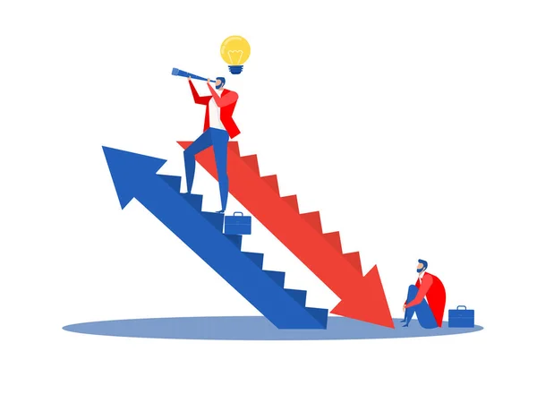 商人领袖站在阶梯成长的成功与倒退的商业概念 年轻伤心的商人和快乐的商人矢量插画 — 图库矢量图片