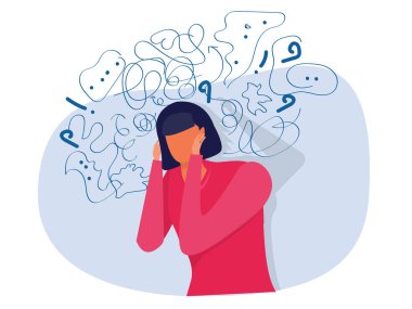 Kadın takıntılı düşüncelerden, baş ağrısından, çözülmemiş sorunlardan, psikolojik travmadan, depresyondan muzdarip. Zihinsel stres panik zihin bozukluğu düz vektör çizimi.