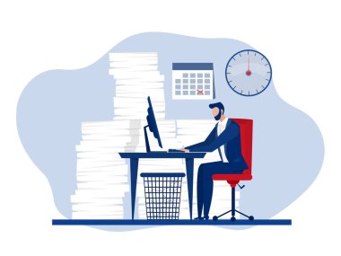 Businessman busy unhappy man with stacks of paper on desk.hard work concept vector illustrator