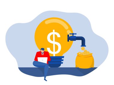 İşadamı, bilgisayar dijital varlığı ile para kazanıyor, iş yaratıcılığından para, kazanma ya da kâr etme fikri