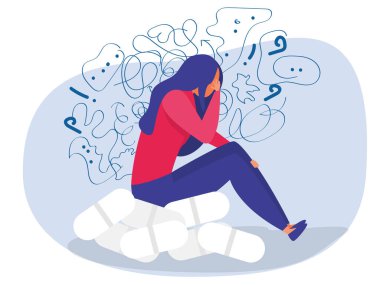 Kadın takıntılı düşüncelerden, baş ağrısından, çözülmemiş sorunlardan, psikolojik travmadan, depresyondan muzdarip. Zihinsel stres panik zihin bozukluğu düz vektör çizimi.
