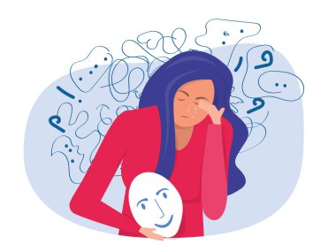 Kadın takıntılı düşüncelerden, baş ağrısından, çözülmemiş sorunlardan, psikolojik travmadan, depresyondan muzdarip. Zihinsel stres panik zihin bozukluğu düz vektör çizimi.