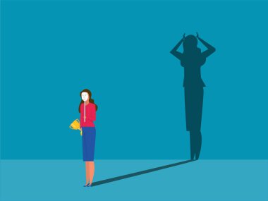 imposter syndrome, business woman holding on carnival masks  happy  with fear shadow behind. Anxiety and lack of self confidence at work vector illustrator