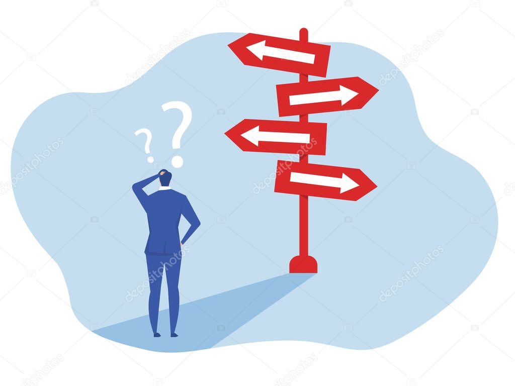 businessman looking choice sign at multiple road with thinking which way to go.question mark and right solution people achievement
