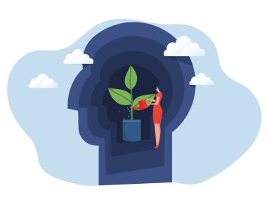 İnsan beynindeki iş kadını su ağacı, büyüme zihniyeti konsepti vektörünü düşün