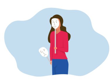 Taklitçi sendrom, karnaval maskeleri deneyen mutlu ya da üzgün yüzlü kızlar..