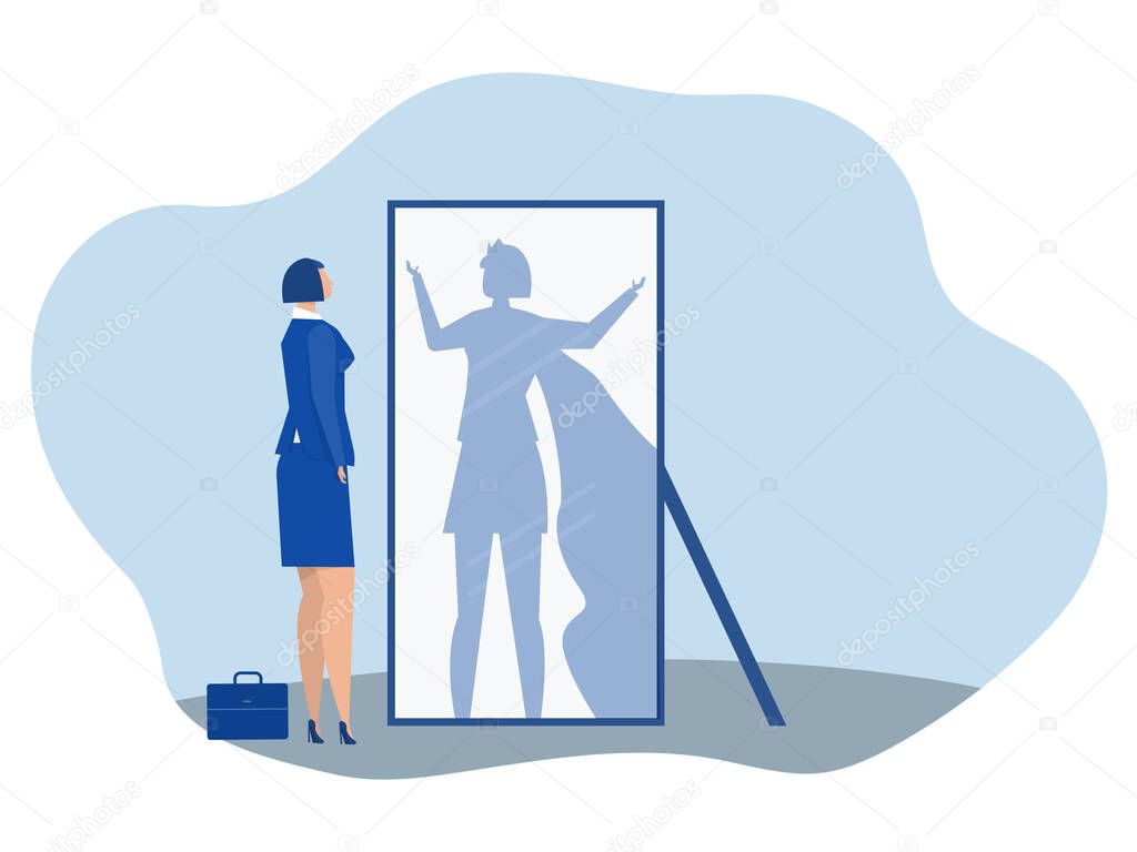 businesswoman looking at herself in mirror dreaming with super hero with strong motivation Super Hero Shadow Leadership Motivation Silhouette Concept Vector illustration 
