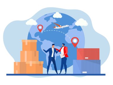 İş adamı tokalaşması, lojistik ve iş toplantıları metaforu küçük iş adamı düz vektör çizimi için lojistik hizmeti. Web sitesi tasarımı veya iniş web sayfası