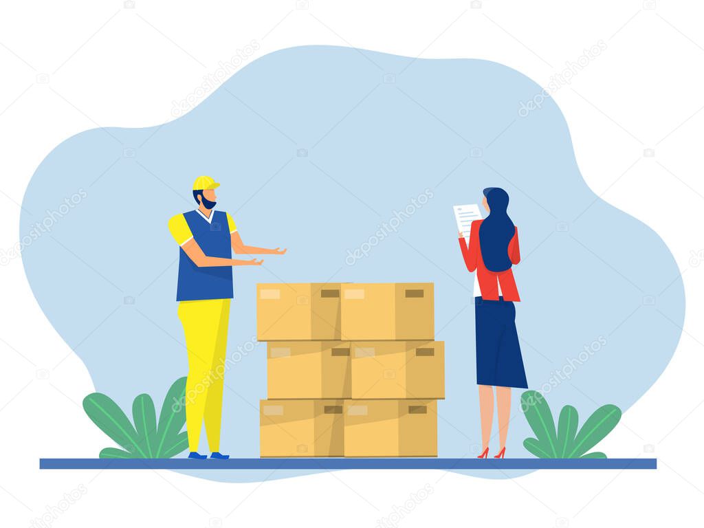 Businesswoman check goods from transportation ,Delivery ,supplies logistic transportation, cartoon vector illustration