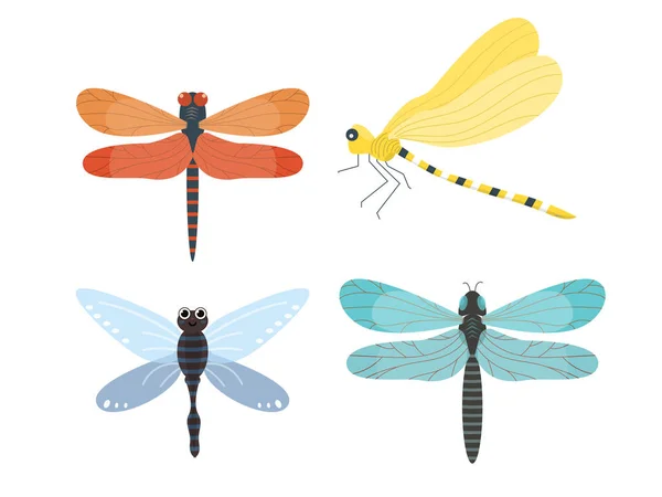 Встановіть Колекцію Плоских Значків Dragonfly Різних Кольорів Плоский Дизайн Кольорові — стоковий вектор