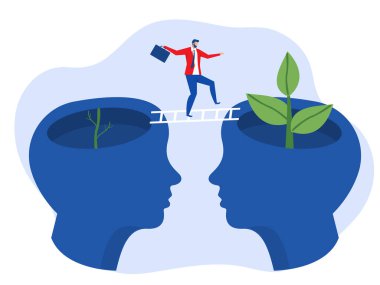 İnsan kafası üzerinde merdiveni geçen iş adamı büyük kafa gelişimi zihniyeti farklı sabit zihniyet konsept vektör çizer