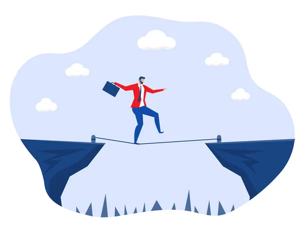 Businessman Crossing Mountain Tiny Rope Overcoming High Risk Barriers Vector — ストックベクタ