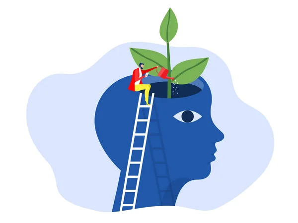 Growth Mindset Concept People Reading Book Watering Plants Brain Personality — Archivo Imágenes Vectoriales