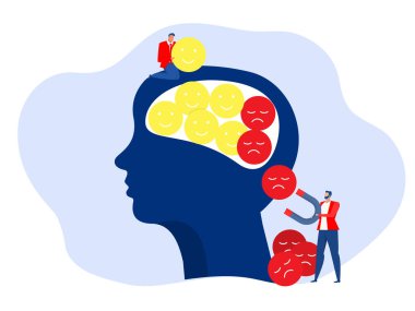 İş adamı, yeni zihniyet konsept vektör çizicisi için insan başı ve üretim negatifliği hakkında olumlu düşünüyor.