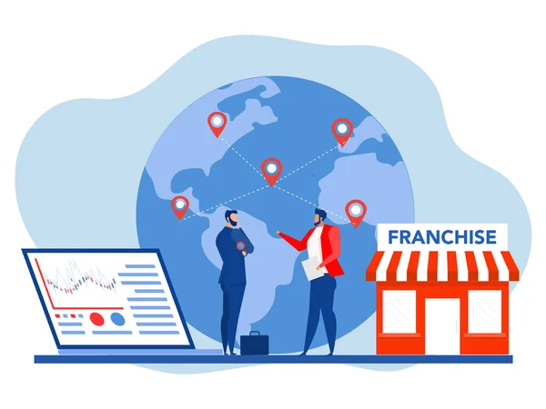 Zakenman Biedt Franchise Trading Network Shop Wereldkaart Business Concept Vector — Stockvector